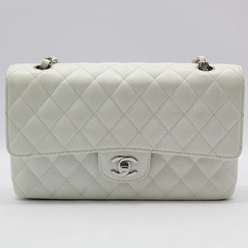 CHANEL A01112 ホワイトキャビア シルバー クラシック ミディアム ショルダーバッグ 54253012