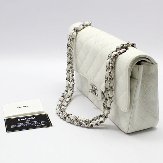 CHANEL A01112 ホワイトキャビア シルバー クラシック ミディアム ショルダーバッグ 54253012
