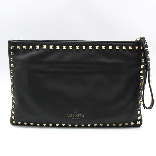 Valentino Black Leather Gold Studded Large Strap Clutch 55848336