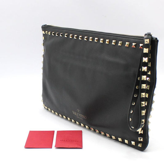 Valentino Black Leather Gold Studded Large Strap Clutch 55848336