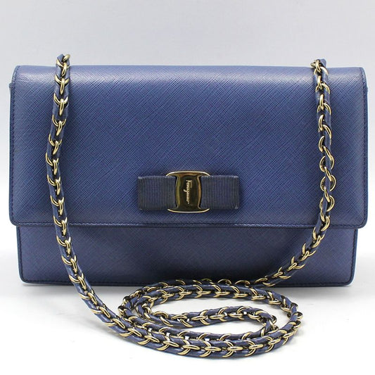 SALVATORE FERRAGAMO 21 E480 ブルーレザー ゴールド バーラ ジニー チェーン クロスバッグ 56599707