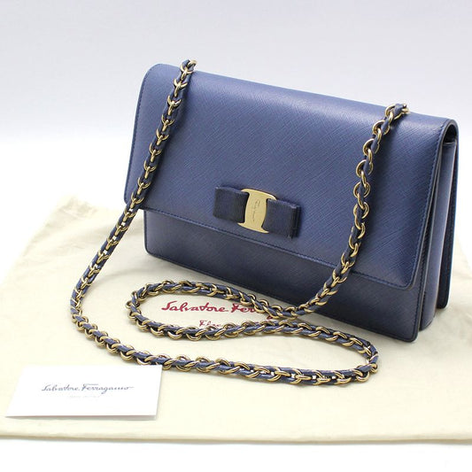 SALVATORE FERRAGAMO 21 E480 ブルーレザー ゴールド バーラ ジニー チェーン クロスバッグ 56599707