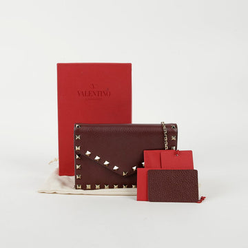 VALENTINO SW2P0Q58 バーガンディ レザー ロックスタッド フラップ チェーン ショルダー 兼 クロスバッグ 57359769