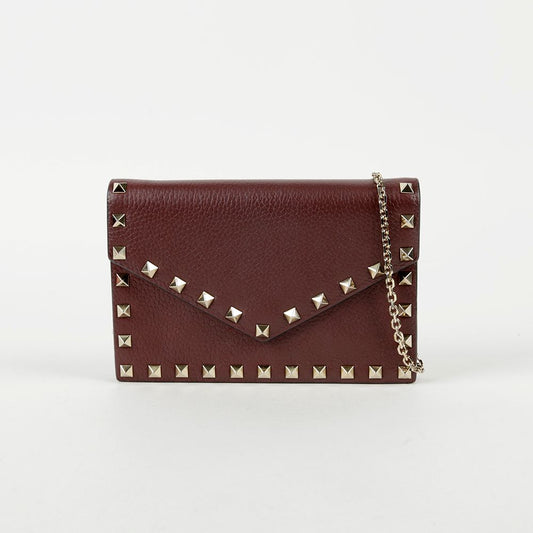 VALENTINO SW2P0Q58 バーガンディ レザー ロックスタッド フラップ チェーン ショルダー 兼 クロスバッグ 57359769