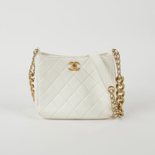 CHANEL ホワイト レザー CC ロゴ ホーボー チェーン ショルダー 兼 クロスバッグ 58035245