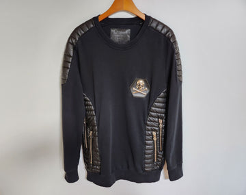 Philipp Plein Black Skull Logo Shoulder Leather Sweatshirt L 59313044
