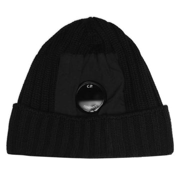 CP Company Lens Patch Ribbed Wool Beanie Black 15CMAC300A 005509A 999 60015879