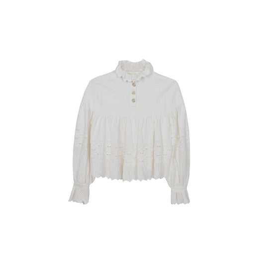 CHANEL P64325 Größe 36 Weiß Baumwollmischung Puffärmel Crop-Top Strick 60389287
