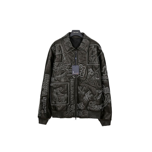 Louis Vuitton Black Calfskin Embroidered Leather Bomber Jacket 1A98E4 56 60926529