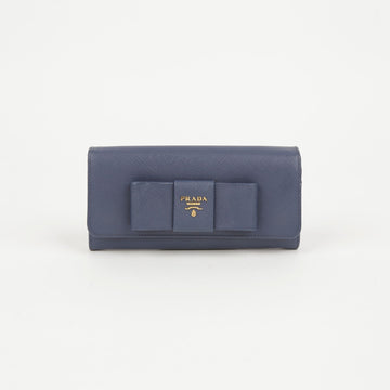 PRADA 1M1132 ブルー サフィアーノ レザー リボン ディテール 長財布 62877155