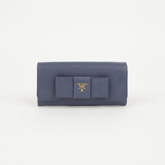 Prada Blue Saffiano Leather Long Wallet with Ribbon Detail 1M1132 62877155