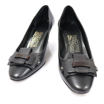 Salvatore Ferragamo Black Leather Wood Plate Logo Mid-Heel Pumps Women Shoes 6.5D 63447609