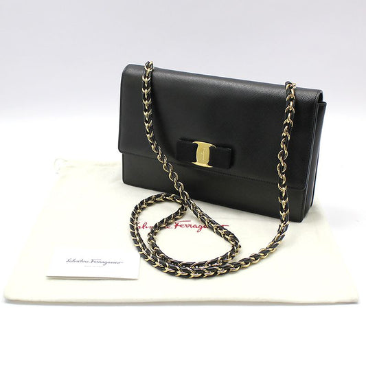 Salvatore Ferragamo 21 E480 Black Leather Gold-tone Vara Gini Chain Crossbody Bag 63892889