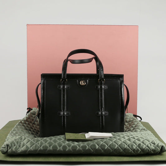 GUCCI ブラックレザー パイソントリミング トートバッグ 711057 101121395