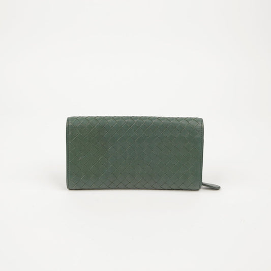 Bottega Veneta Green Leather Intrecciato Continental Zip Flap Long Wallet 150509 66401544