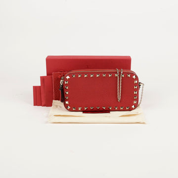 VALENTINO NW2P0P55 Rot Leder Rockstud Doppelreißverschluss Ketten-Crossbody-Tasche 76077329