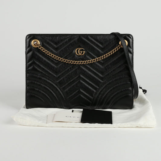 GUCCI ブラック マトラッセ レザー GG マーモント チェーン ショルダーバッグ 524592 65625145