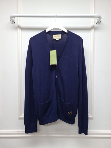 Gucci Navy GG Embroidered Logo Cashmere Cardigan 139727018