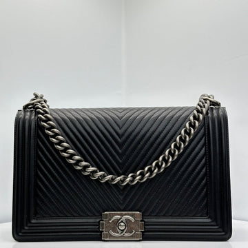 CHANEL Chevron Boy Bag Black Large Schwarz Lammleder Silber 20er-Serie 70947723