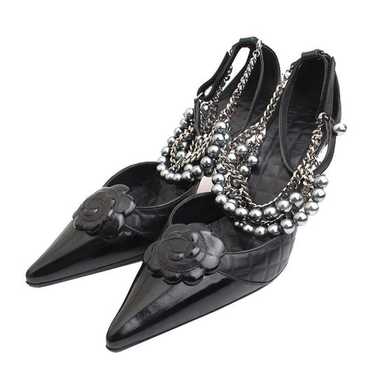 CHANEL Schwarze Perlen Camellia T-Strap Schuhe 36 72405934