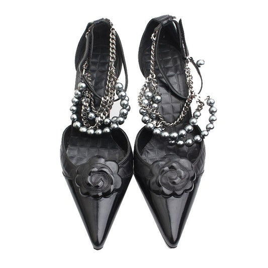 CHANEL Schwarze Perlen Camellia T-Strap Schuhe 36 72405934
