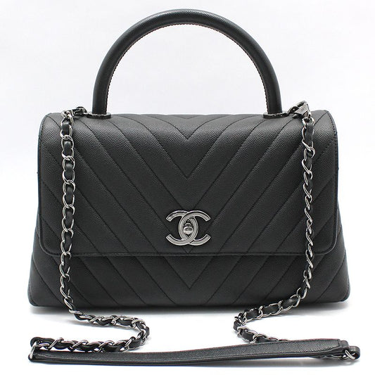 CHANEL A92991 ダークグレー シェブロン キャビア シルバーココハンドル28 ミディアム ショルダーバッグ 72502703