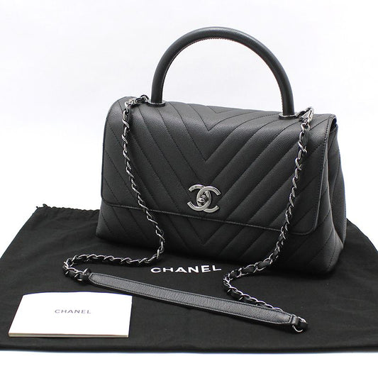 CHANEL A92991 ダークグレー シェブロン キャビア シルバーココハンドル28 ミディアム ショルダーバッグ 72502703