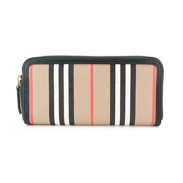 Burberry Stripe Long Wallet ELLERBY Black Leather Canvas Zip Round Luxury Long Wallet 80730781 73238545