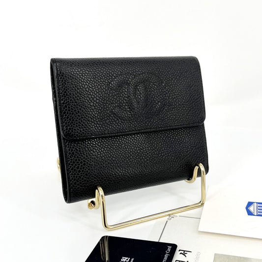 CHANEL Logo Caviar Compact Wallet Black 12345 73323306