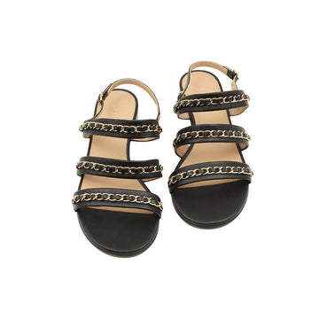 CHANEL ブラックレザー ゴールドCCロゴ チェーンストラップ レディースサンダル 37C / G39552 73524827