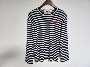 Comme Des Garcons Navy Stripe Heart Patch Men's Long Sleeve T-Shirt L019 76458919