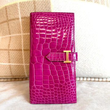 Hermes Crocodile Wani Vein Long Wallet Shiny Gold 77328158