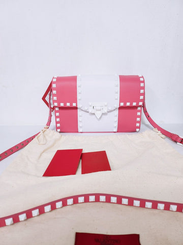 VALENTINO Rosa weiße Rockstud Schultertasche 23 cm × 16 cm × 7 cm 77393782