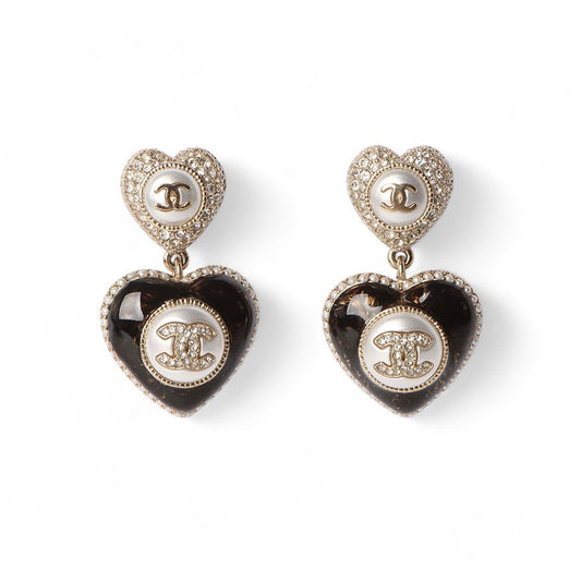 CHANEL Gold Black CC Heart Pearl Crystal Earrings 32444 77797948
