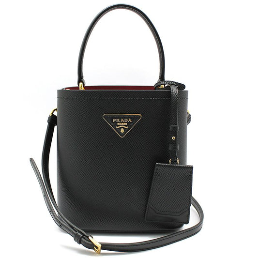 PRADA ブラックサフィアーノダブルパニエスモールバケットクロスバッグ 1BA217 77915574