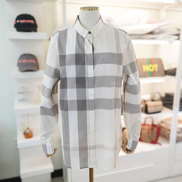 BURBERRY Damen Langarmhemd 40152481 Ivory Baumwolle Große Karos Luxus Seoul 78718797