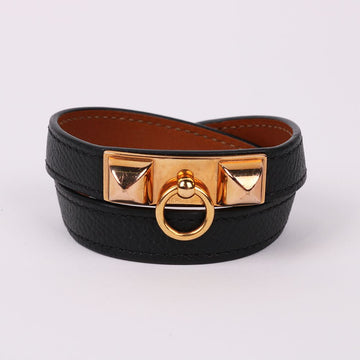 HERMES Schwarzes Leder Doppel Revers Armband (T) 80525176