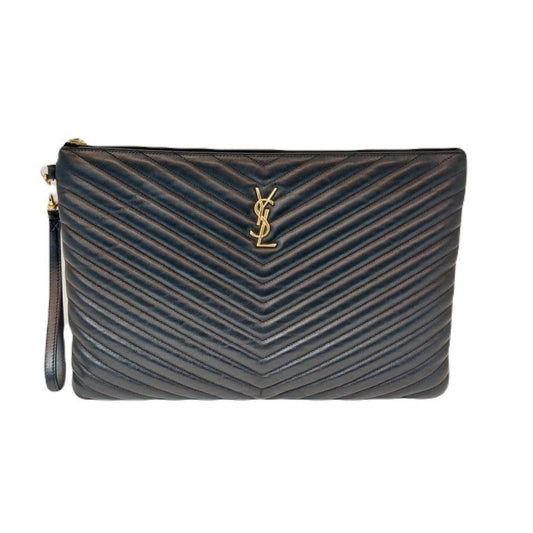 Saint Laurent YSL 440222 Black Chevron Quilted Matelassé Monogram Clutch 80557766