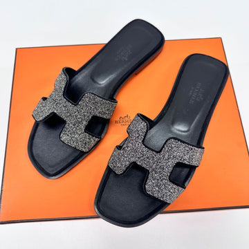 HERMES Glitzer Ohran Sandalen Slipper Schwarz 83243257