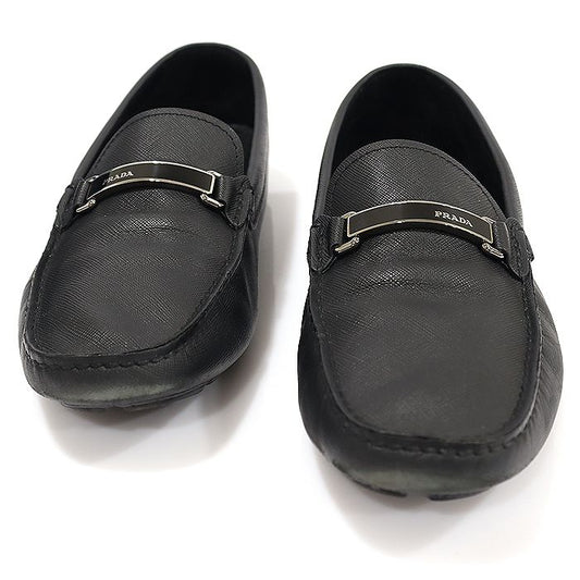 PRADA 2DD159 Schwarzes Saffiano-Leder Mit Silbernen Buchstaben Herren Driving Shoes Loafers 9.5 93300747