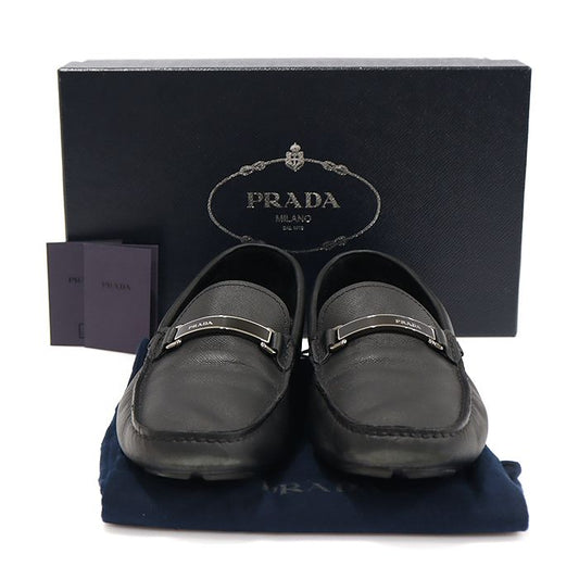 PRADA 2DD159 Schwarzes Saffiano-Leder Mit Silbernen Buchstaben Herren Driving Shoes Loafers 9.5 93300747