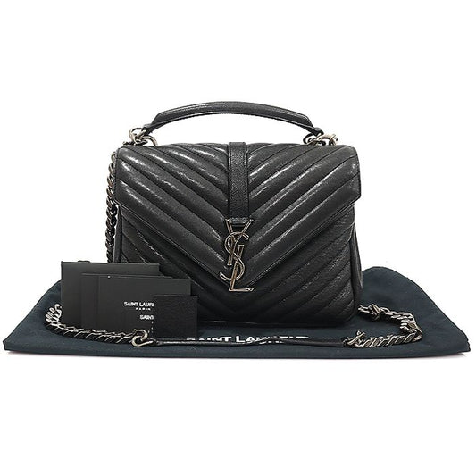 SAINT LAURENT 428056 ブラックラムスキン モノグラム マトラッセ シルバー コロジ ミディアム 2WAY 93301536