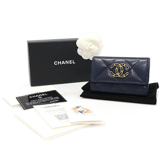 CHANEL Navy Lambskin Gold-Tone CC Logo 19 Flap Card Holder AP1790 95313554