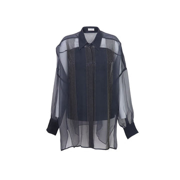 Brunello Cucinelli Stone Pinstripe Sheer Silk Shirt C7186 97274417