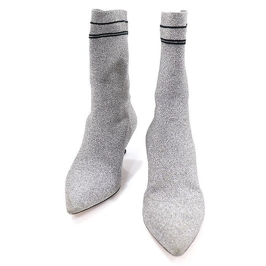 Miu Miu U026C Silver Glitter Knit Lettering Logo Socks Women's Ankle Boots 34.5 98803570