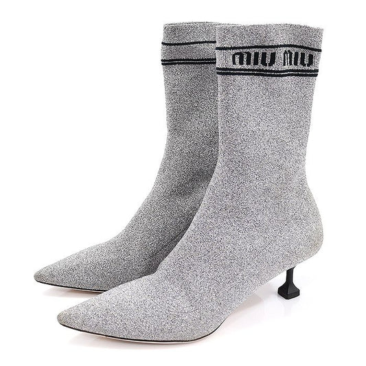 Miu Miu U026C Silver Glitter Knit Lettering Logo Socks Women's Ankle Boots 34.5 98803570