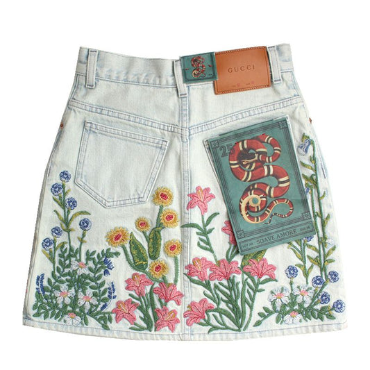 Gucci Floral Embroidered Denim Mini Skirt 44 100787378