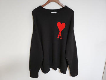 AMI XL Black Big Heart Embroidered Wool Knit E20HK010 002 103614050