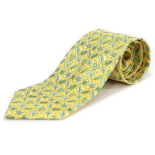 Hermes 100% Silk Yellow Leaf Pattern Tie 7724 OA 103868800