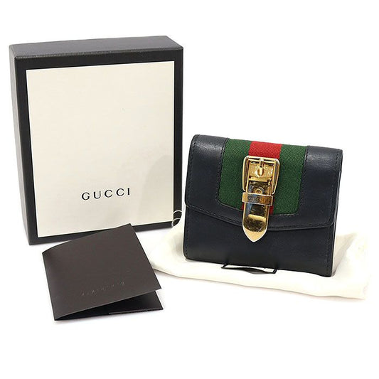 Gucci Black Leather WEB Gold-tone Slim Card Case Wallet 476081 104676808
